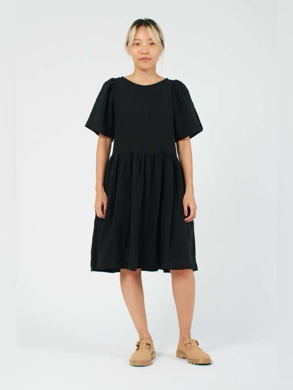 Shelter Mini Agnes Puff Sleeve Dress Linen Black Woven Size 2XL